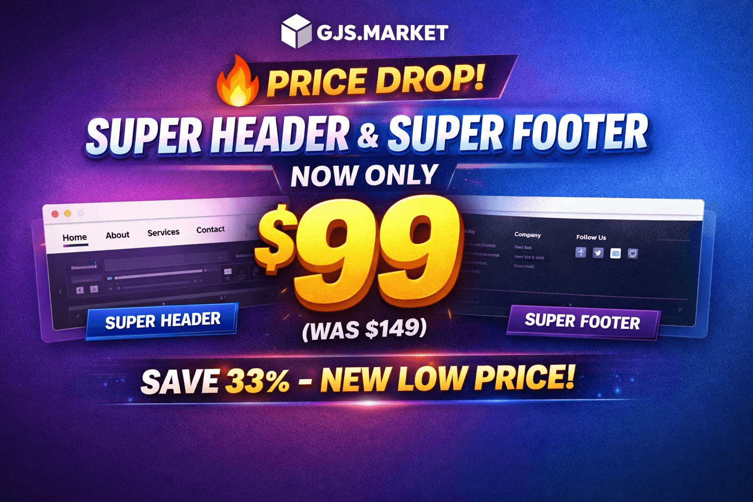 Super Header y Super Footer para GrapesJS — Ahora solo cuesta 99 $ por una