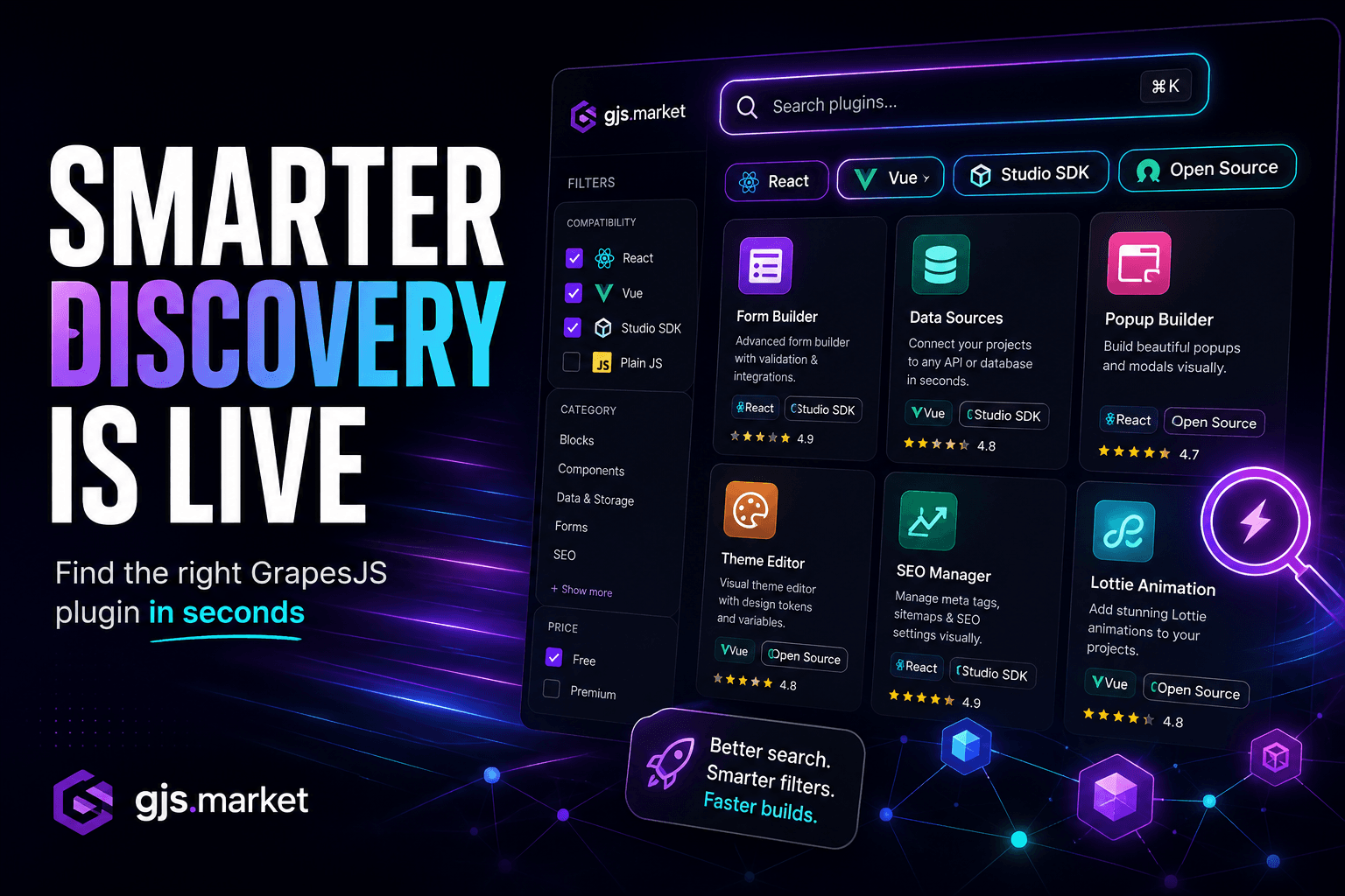 Encuentra el plugin GrapesJS adecuado en segundos: Smarter Discovery está en marcha