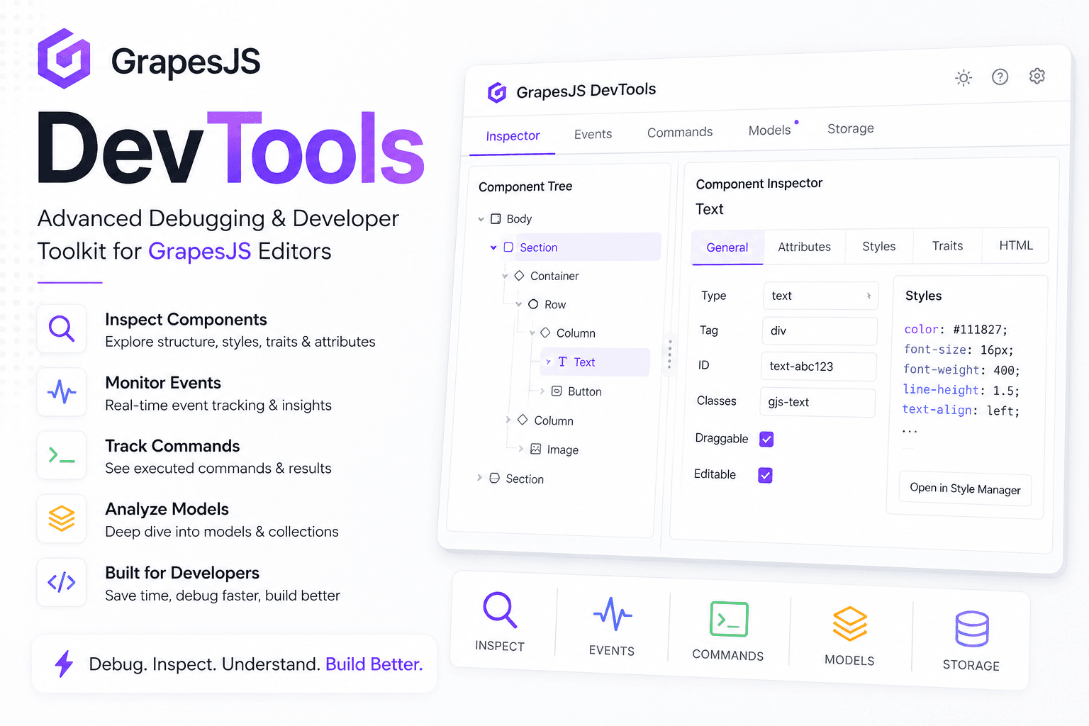 GrapesJS DevTools: Un panel para desarrolladores dentro de tu editor
