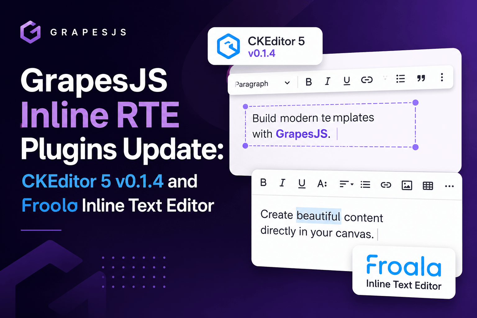 Actualización de los plugins RTE en línea de GrapesJS: CKEditor 5 v0.1.4 y Froala Inline Text Editor