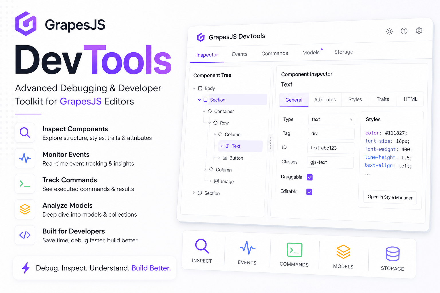 GrapesJS DevTools: Un panel para desarrolladores dentro de tu editor