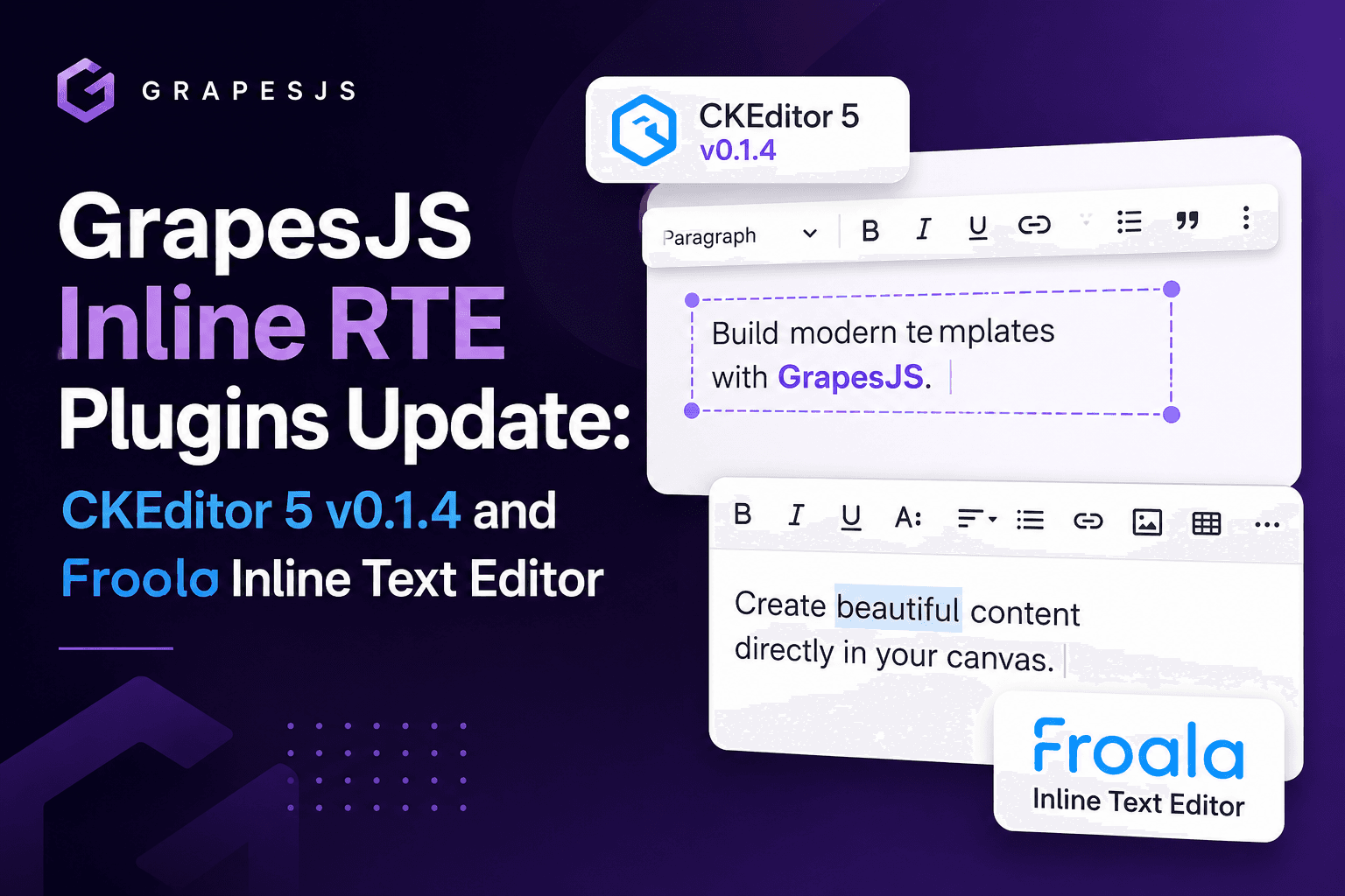 Actualización de los plugins RTE en línea de GrapesJS: CKEditor 5 v0.1.4 y Froala Inline Text Editor